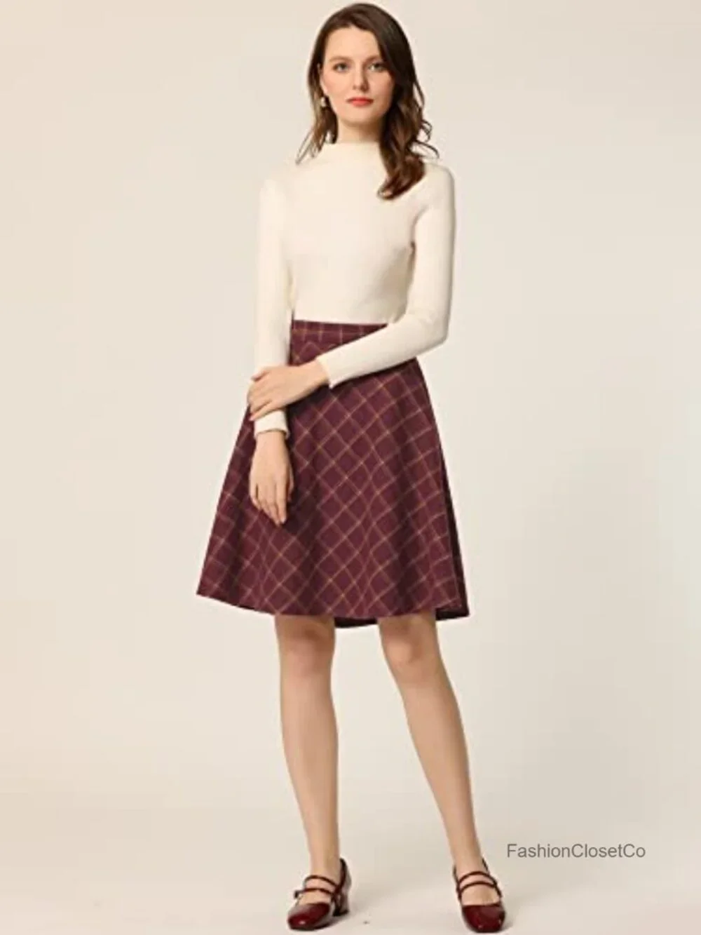 Vintage Plaid A-Line Skirt – Elastic Waist, Knee Length, Fully Lined